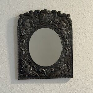 Vintage Mexican Tin Mirror Hammered Wall Art Artisan Handcrafted Floral Folk Art